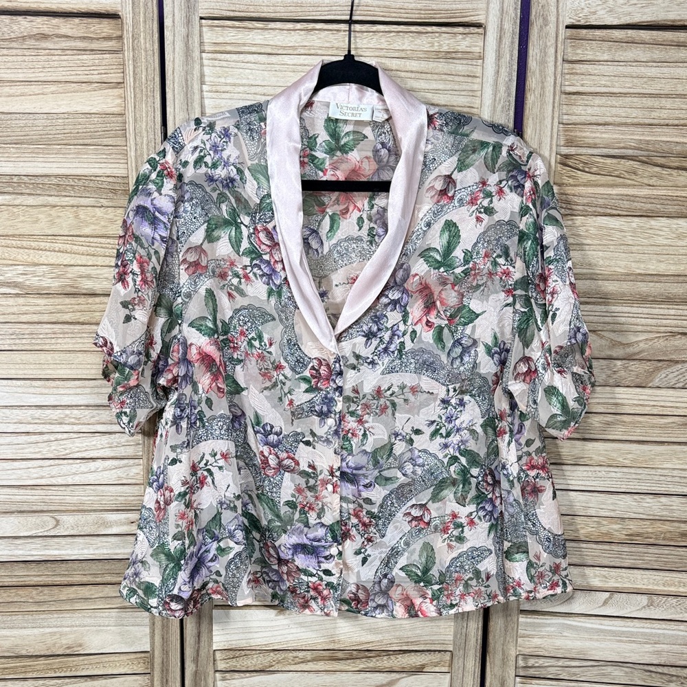 Victoria's Secret Top Blouse Pink Sheer Gold Label Floral Vintage Sleep Size L